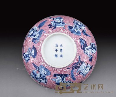 清同治 青花胭脂红彩八仙人物纹碗 直径22.3cm