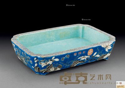清光绪 大雅斋款蓝地墨彩通景花卉纹水仙盆 长21.8cm