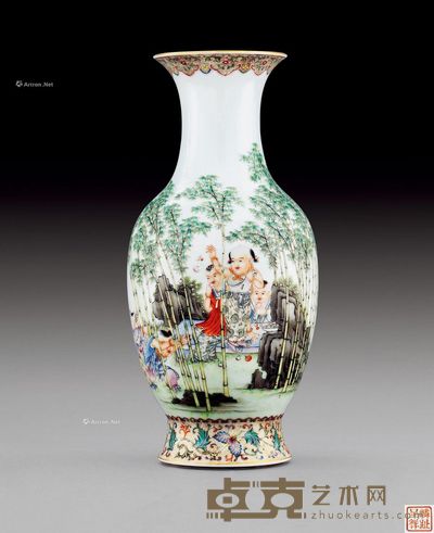 民国 粉彩竹林婴戏图撇口瓶 高40.2cm