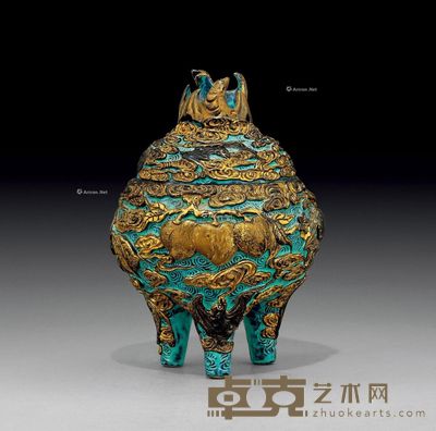 清 松石绿地描金福寿纹三足香炉 高24cm