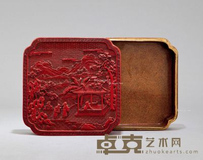 清乾隆 剔红雕山水人物纹金漆倭角盖盒 长17.1cm