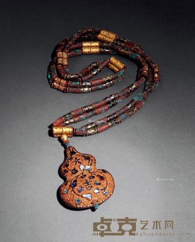 清 沉香制嵌螺钿点翠福禄大吉纹葫芦型挂坠 长37.2cm；长6.8cm