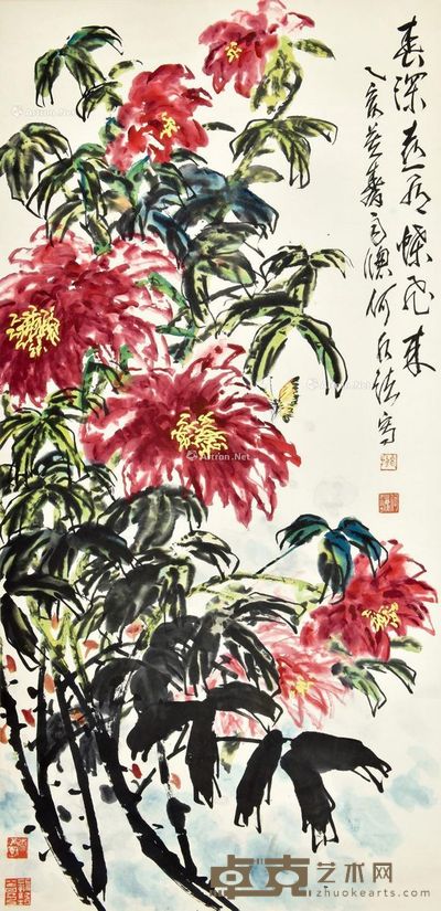何水法 牡丹图 68×136cm