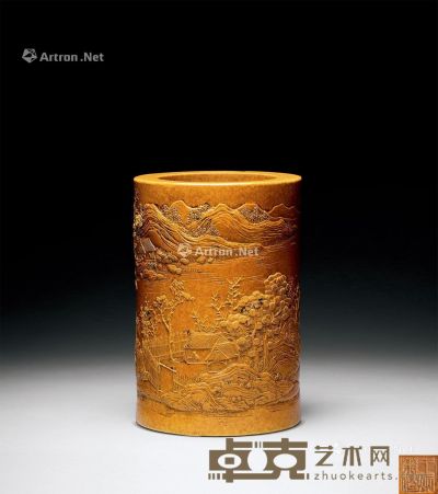 清代 黄釉雕瓷山水楼阁纹笔筒 高12.7cm