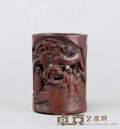 竹雕松下高士笔筒 高14.6cm