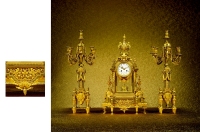 铜鎏金天使烛台三件套钟
