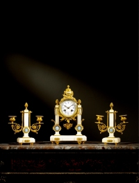 白理石廊柱式嵌瓷雕三件套钟