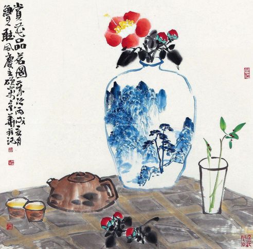 马硕山 赏花品茗图