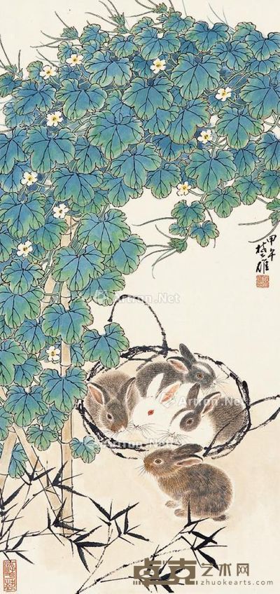 方楚雄 花荫群兔 98.5×46cm