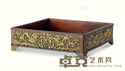 明末清初 木胎铜鎏金龙纹方盘 长25.0cm；高6.7cm