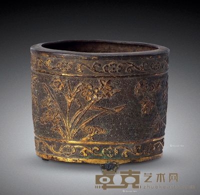 明 胡文明作鎏金花卉筒式炉 长8.4cm;高9.7cm