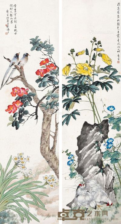 洪庶安 花卉 149×40cm×2