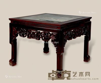 清 红木雕绳纹嵌理石方桌 103×103×84cm