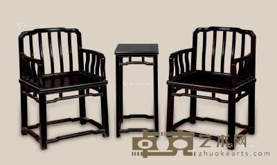 近代 紫檀梳背椅 （3件） 椅：58×47×89cm 几：44×36×73cm