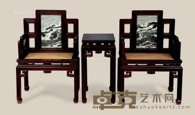 民国 红木席面嵌理石屏风椅 （3件） 椅：65×48×99cm 几：48×36×71cm
