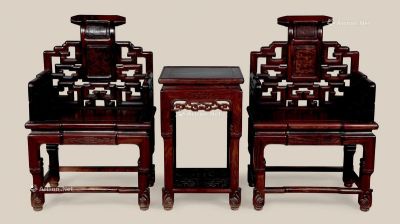清 红木雕回纹书卷椅 （3件）