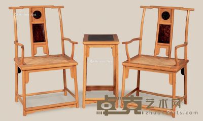 近代 黄杨嵌影木官帽椅 （3件） 椅：53×43×97cm 几：43×35×67cm