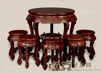 民国 红木雕螭龙圆桌 （6件） 桌：80×83cm 凳：32×47cm