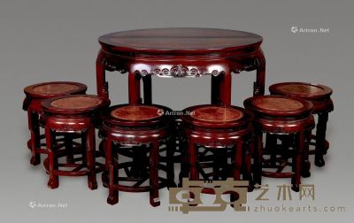 近代 红木嵌影木半圆桌 （8件） 桌：109×81cm 凳：41×49cm