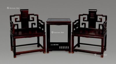 清 红木雕团寿卷书椅 （3件）