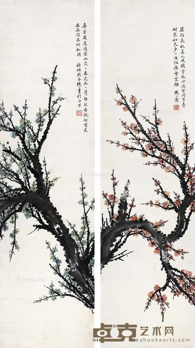 纯一和尚 梅花 152×40cm×2