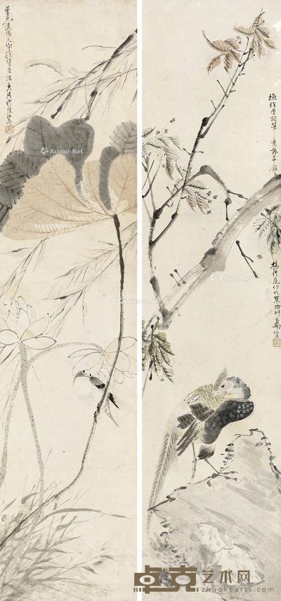 佚名 对屏花鸟 31×134.5cm×2