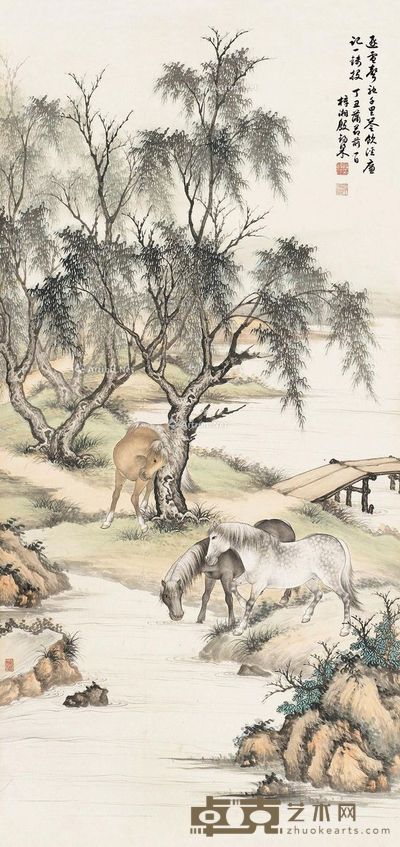 殷梓湘 柳溪牧马 112×53cm