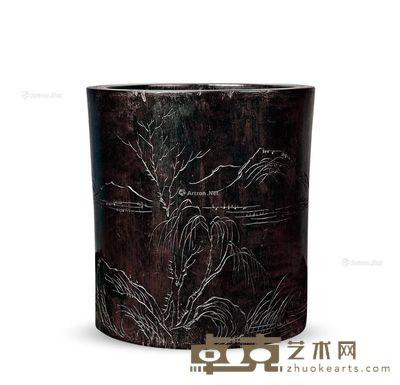 清中期 紫檀阴刻山水纹笔筒 直径16cm