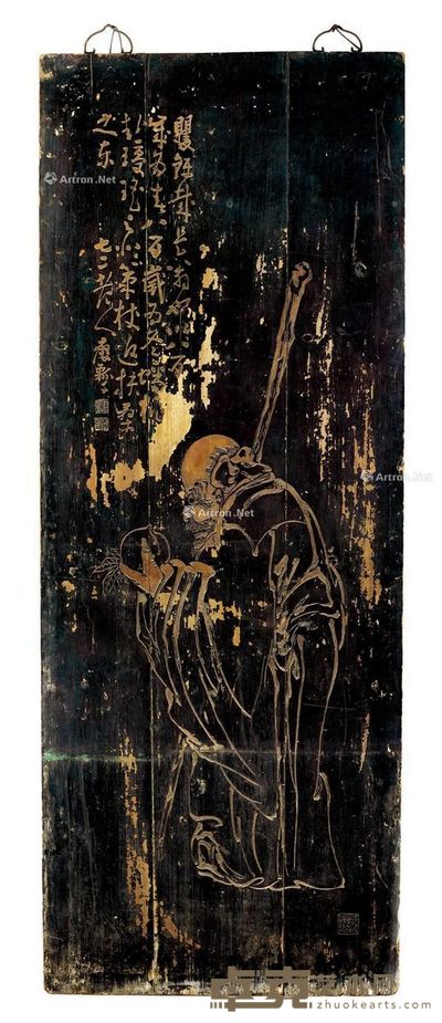 清18/19世纪 木髤漆刻「寿星」图挂屏 204×78cm×2