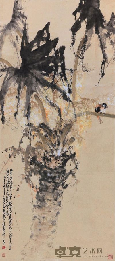 赵少昂 葵树小鸟 183.5×81cm