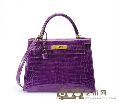 爱马仕2015亮面ULTRAVIOLET色尼罗鳄鱼皮32公分凯莉包附金色金属配件