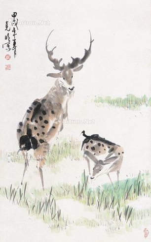 郑克明 双鹿图