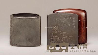 清时期 松岩铭文书卷样平沙落雁歙砚 纵10.5cm;宽9.5cm;高1cm
