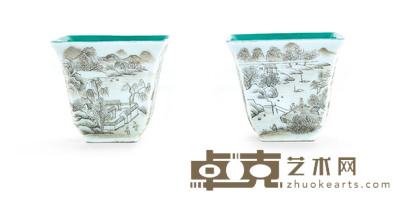 清嘉庆 墨彩山居行旅图方杯一对 H4.8 W5.6
