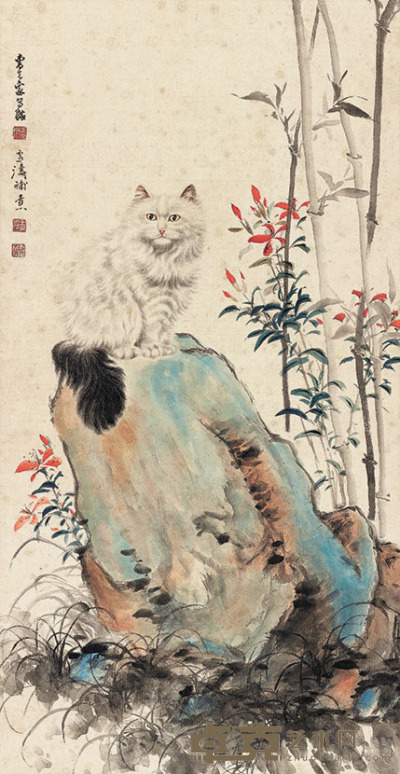 王雪涛、曹克家 花卉、猫 92×48cm　约4平尺