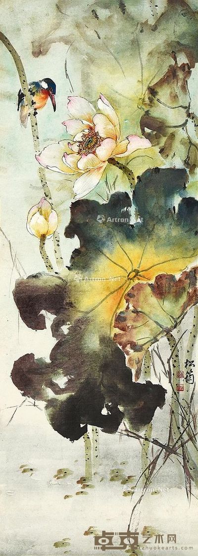 赵松筠 荷雀图 96×34cm