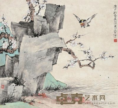 江寒汀 寒梅飞鸟 62×66.5cm