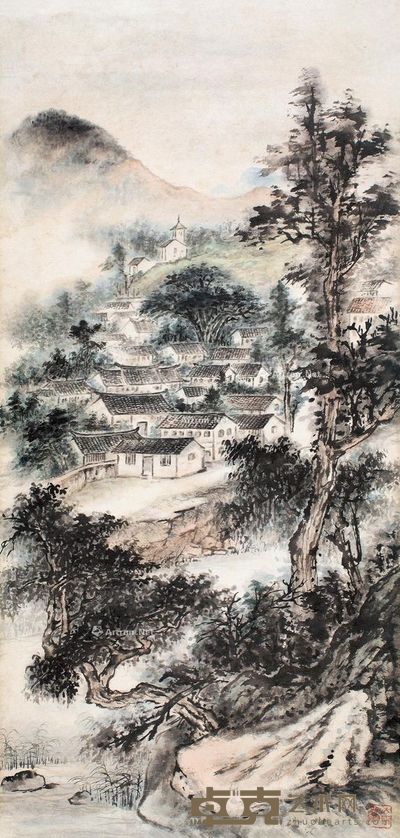 唐云 山村秀色 108.5×51cm