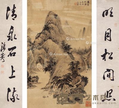 吴南敏 邹骏声 仿王翚山水小中莹行书五言联 40×65cm;14×64cm×2