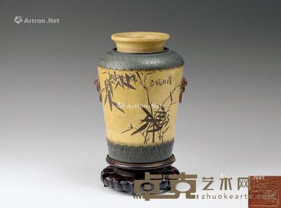 民国 陈鼎和作款 古博纹双狮耳紫砂花瓶 高23.7cm