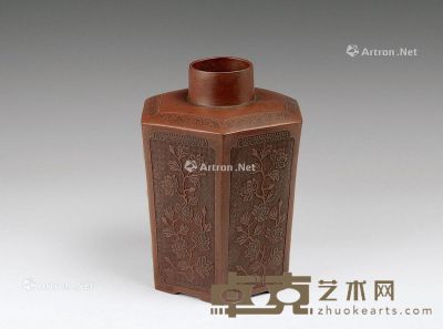 清代 紫砂开光花卉纹六棱茶叶罐 高22cm
