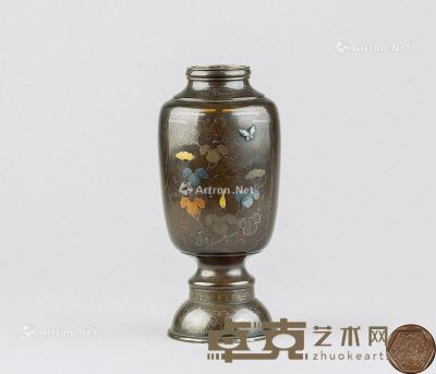 清代 铜错金银开光寿桃 花蝶纹瓶 高19.5cm