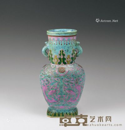 清代 炉钧釉加彩二龙戏珠纹双耳瓶 高29cm