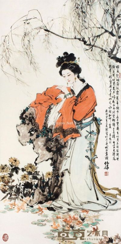 白伯骅 倚石观菊图 130.5×65.5cm