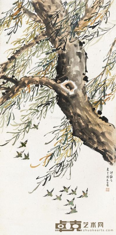 叶访樵 柳荫雀飞 108×53cm