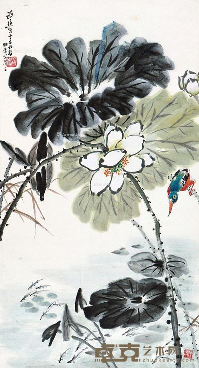 叶访樵 荷塘翠鸟 89.5×48.5cm