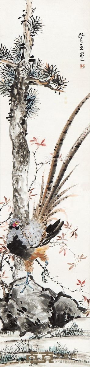 田登五 珍禽图 136.5×33cm