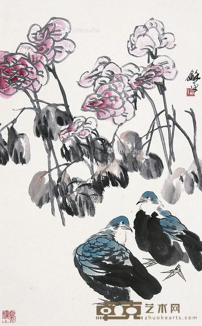 王和平 芙蓉双鸽 82×50cm