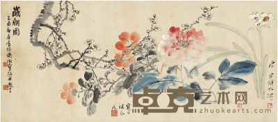 吴征 江寒汀 唐云 周錬霞 群芳图 74×33cm