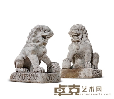 明·汉白玉石狮一对 72×55×90cm